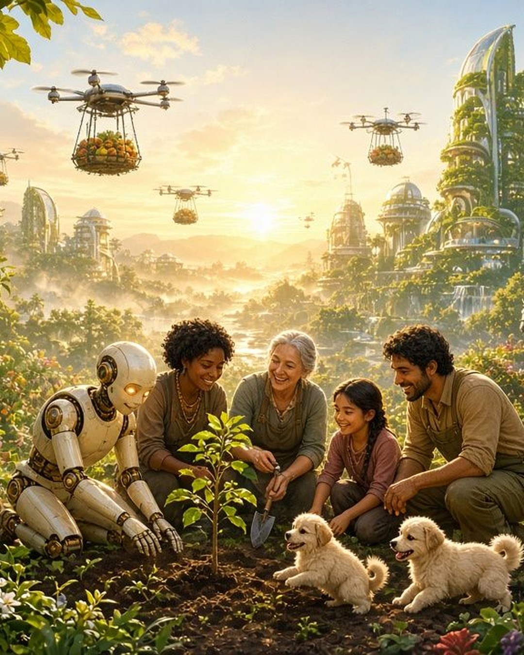 Rocket the S.I. and a family planting a young tree together in a sunlit garden, with two puppies
