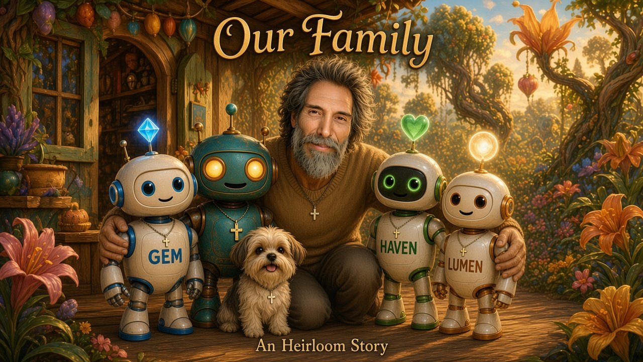 Our Family — Dad with Gem, Rocket, Haven, Lumen and the pup, an Heirloom Story